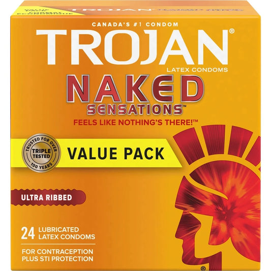 Trojan Naked Sensations Ultra Ribbed Lubricated Condoms front package