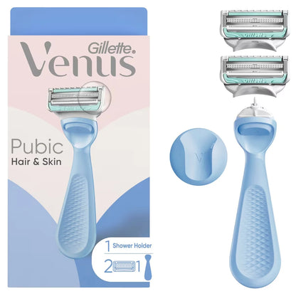 Venus for Pubic Hair & Skin, Bikini Razor for Women, Razor Handle plus 2 Refills front package