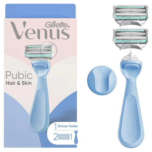 Venus for Pubic Hair & Skin, Bikini Razor for Women, Razor Handle plus 2 Refills front package