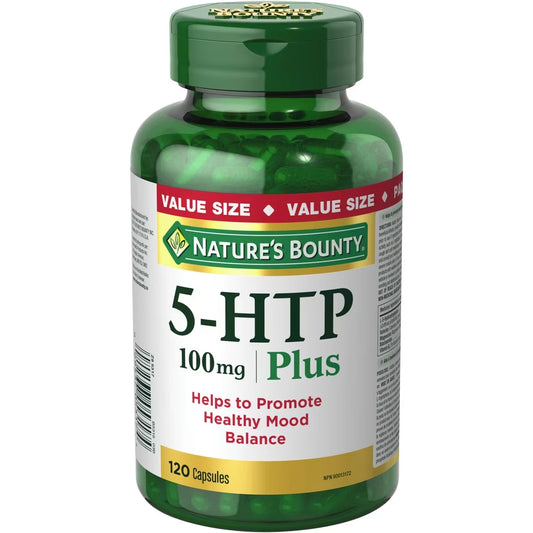 Natures Bounty 5-HTP Pills and Supplement, Helps Promote Balanced Mood, 100mg front package