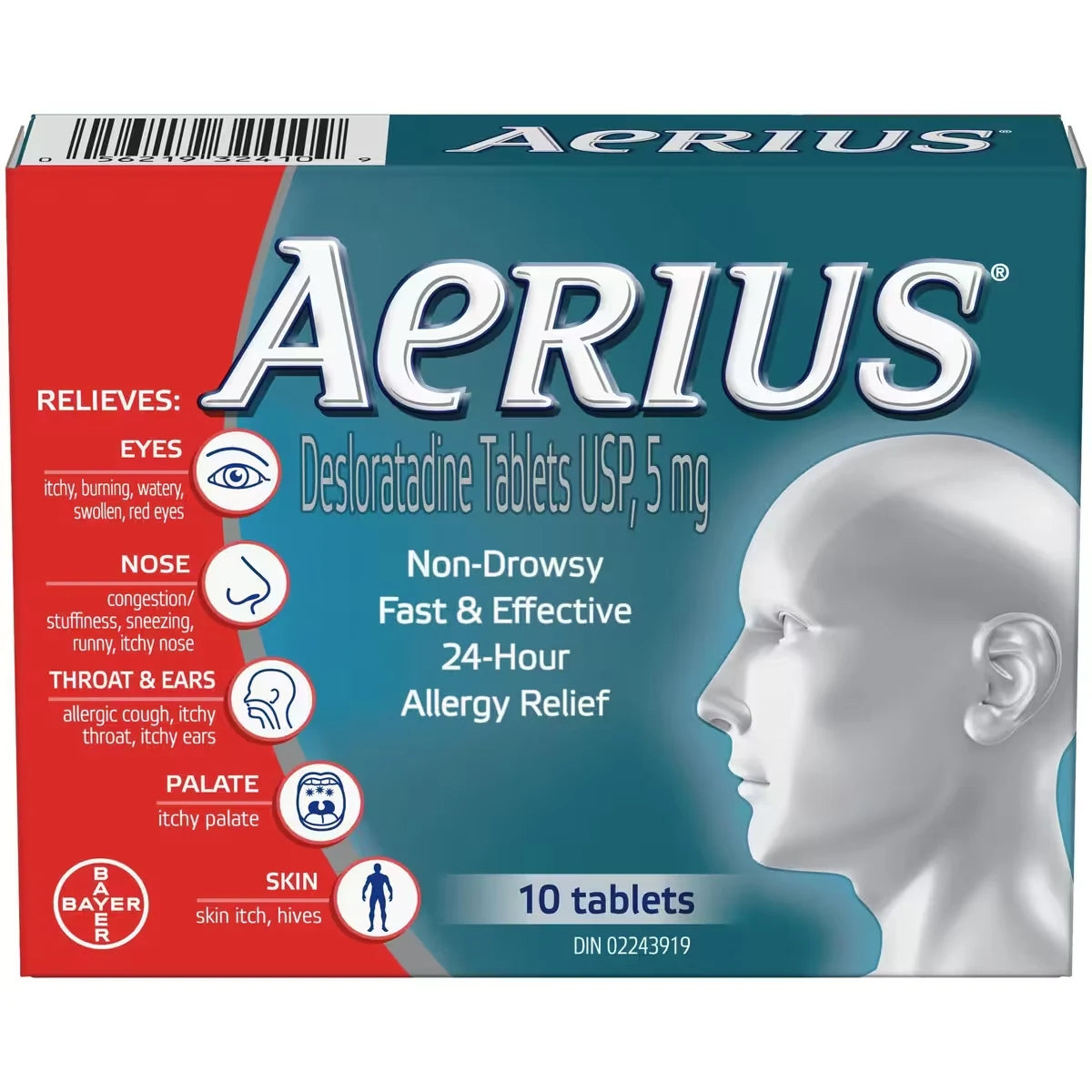 Aerius Allergy Medicine, 24-Hour, Non-Drowsy, 10 Tablets product package