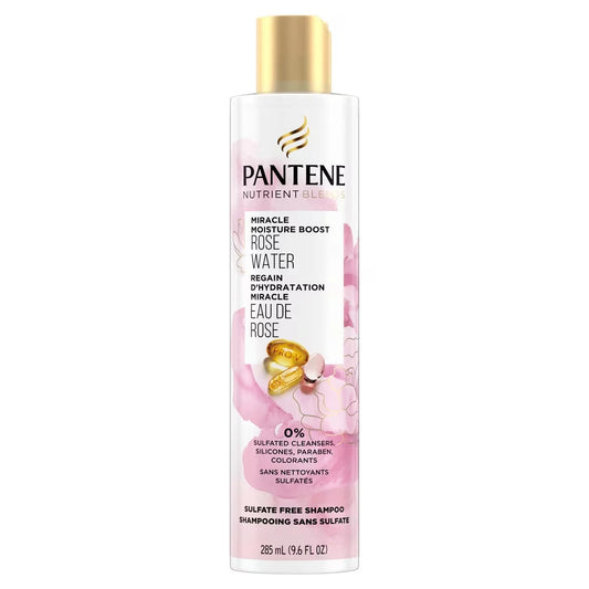 Pantene Nutrient Blends Miracle Moisture Boost Rose Water Shampoo for Dry Hair, Sulfate Free, 285 mL front package