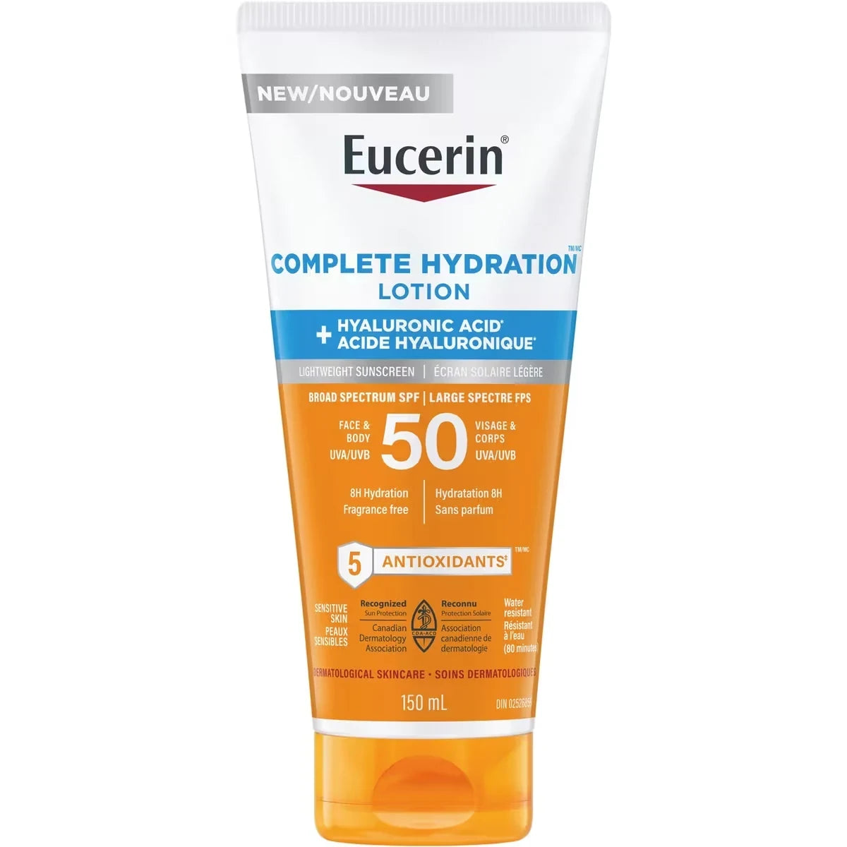 Eucerin Sun Complete Hydration Sunscreen for Face and Body with SPF 50 product package