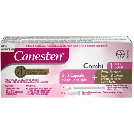 Canesten Combi 1 Day Vaginal Soft Capsule For Yeast Infection And Extra Strength External Cream, 1 Treatment front package