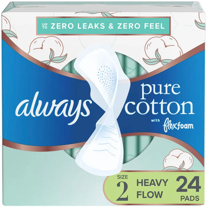 Always Pure Cotton with FlexFoam Pads Heavy Flow Size 2, 24 Count front package