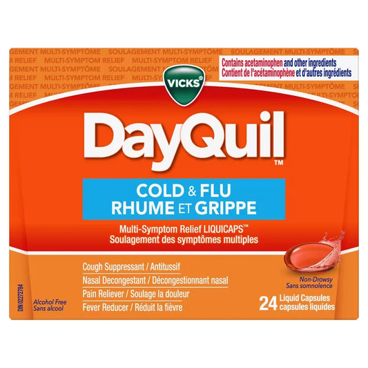 Vicks DayQuil Cold & Flu Multi-Symptom Relief Non-Drowsy Liquid Capsules, 24 Count product package