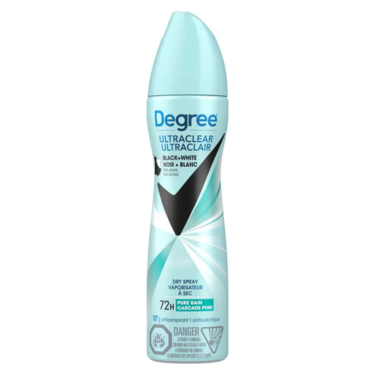 Degree Dove Black+White Dry Spray Antiperspirant Pure Rain antibacterial odour protection 107 GR front package