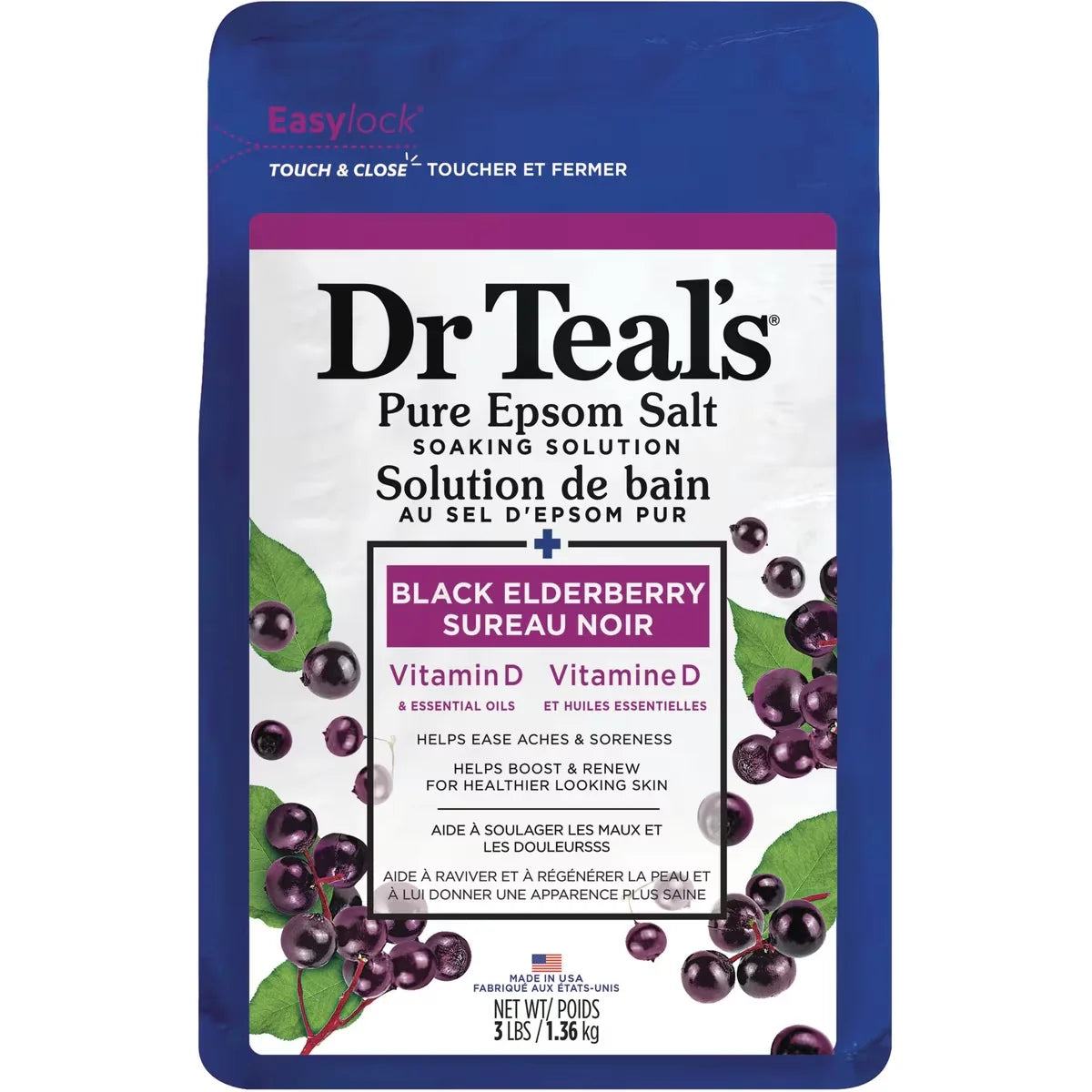 Dr Teal's Pure Epsom Salt Soak, Black Elderberry with Vitamin D front package