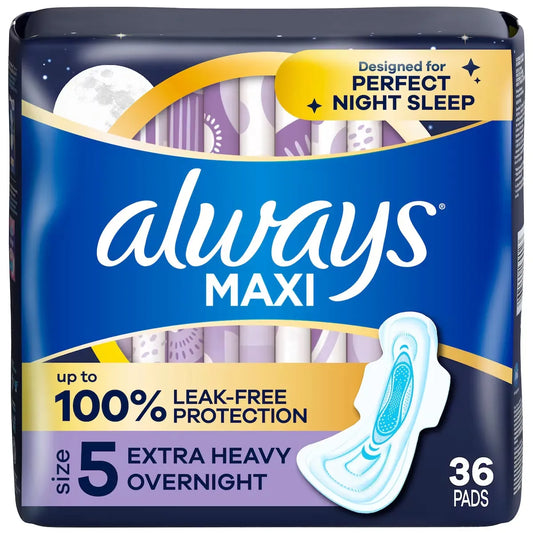 Always Maxi Overnight Pads with Wings for Women, Size 5, Extra Heavy Overnight Absorbency, Unscented front package