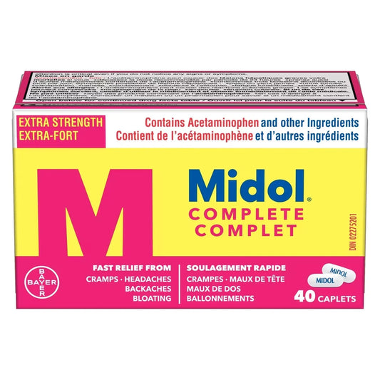 Midol Complete, Fast Multi-Symptom Period pain relief from Cramps, Headache, Backaches and Bloating, 40 Caplets product package