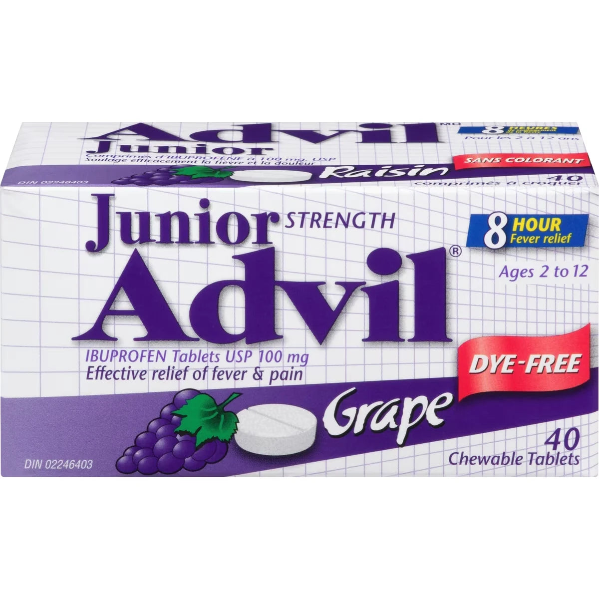 Advil Junior Strength Pain Reliever and Fever Reducer Ibuprofen Chewable Tablets, Dye Free, Grape, 40 Count front package