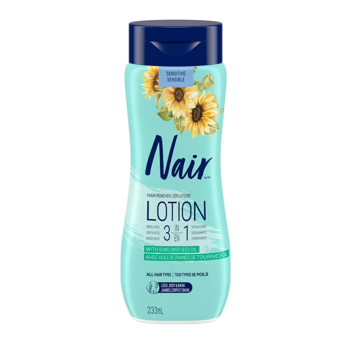 Nair 3-in-1 Hair Removal Lotion for Sensitive Skin with Sunflower Seed Oil and Green Tea Extract, 233 mL front package