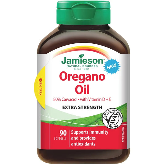 Jamieson Oregano Oil with Vitamin D + E Extra Strength 90 count front package