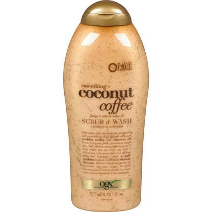 OGX Smoothing + Coconut Coffee Exfoliating Body Scrub & Wash front package