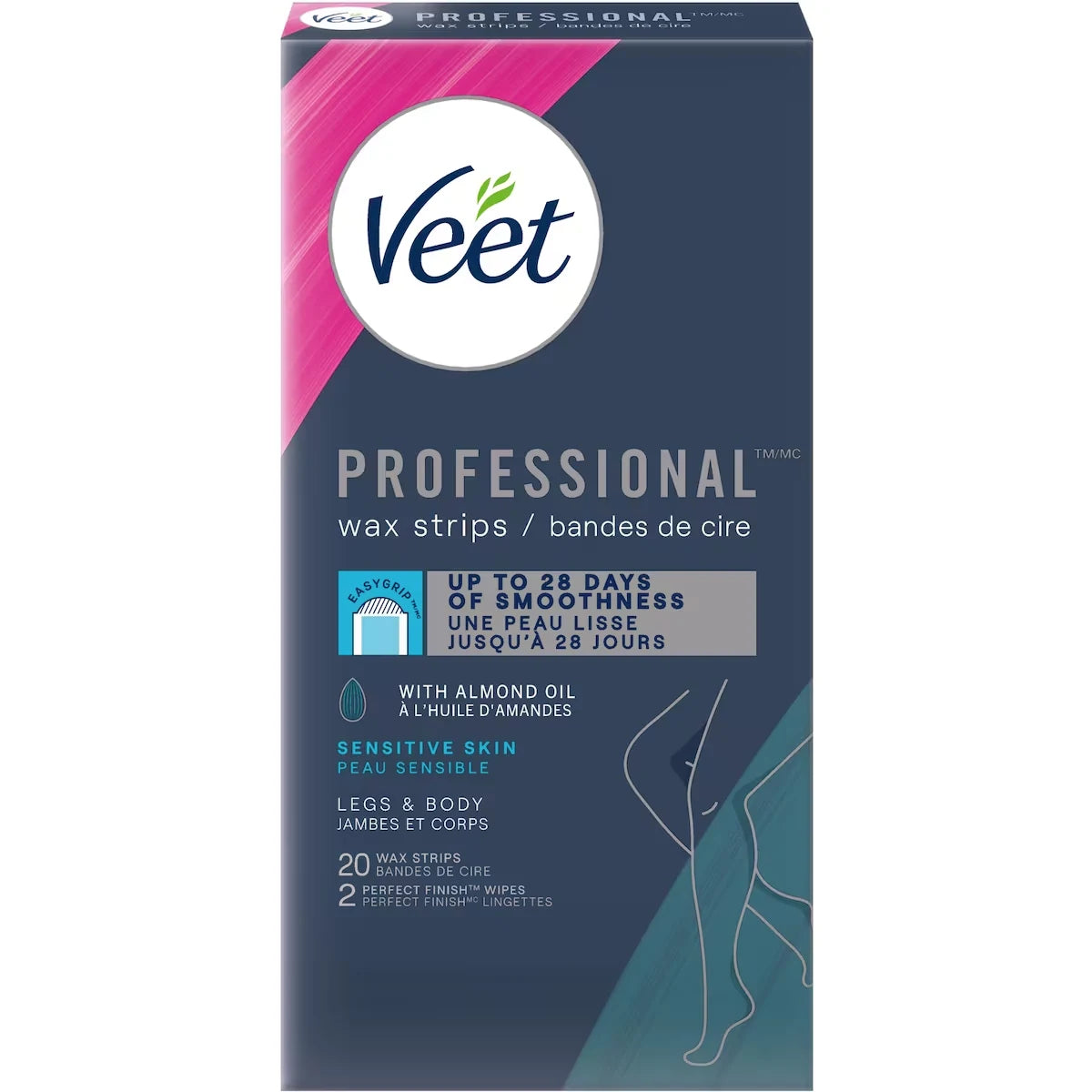 Veet ProfessionalTM Wax Strips, For Legs & Body, Dry Skin, With Almond Oil front package