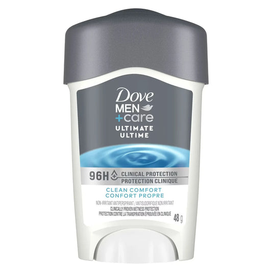 Dove Men+Care Clinical Protection Antiperspirant for total skin comfort Clean Comfort antibacterial odour protection 48 front package
