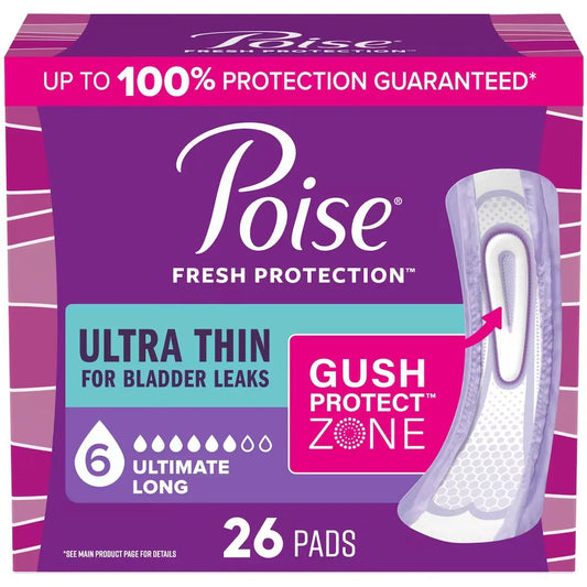 Poise Ultra Thin Incontinence & Postpartum Pads for Bladder Leaks, 6 Drop Ultimate Absorbency, Long Length front package