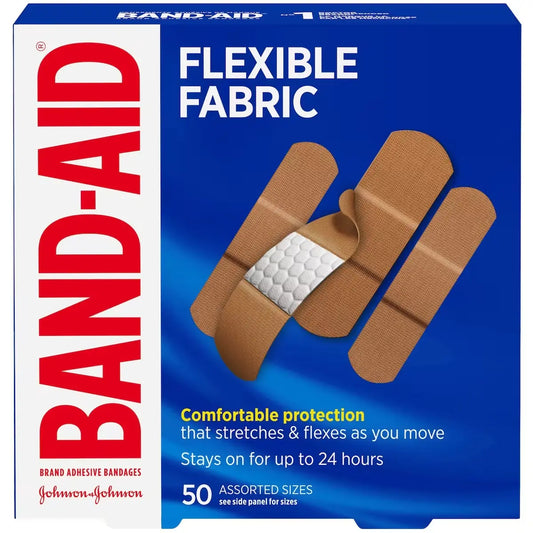 Band-Aid Brand Flexible Fabric Adhesive Bandages, Assorted Sizes, 50 Count front package