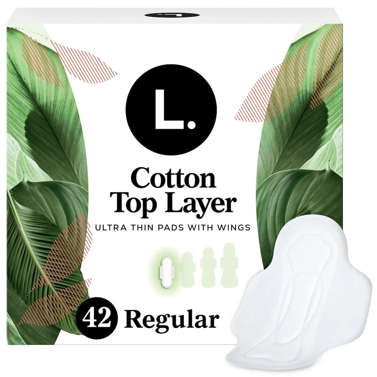 L Ultra Thin Pads for Women, Organic Cotton Top Layer, Regular Absorbency, Menstrual Pads with Wings, 42 Count product package