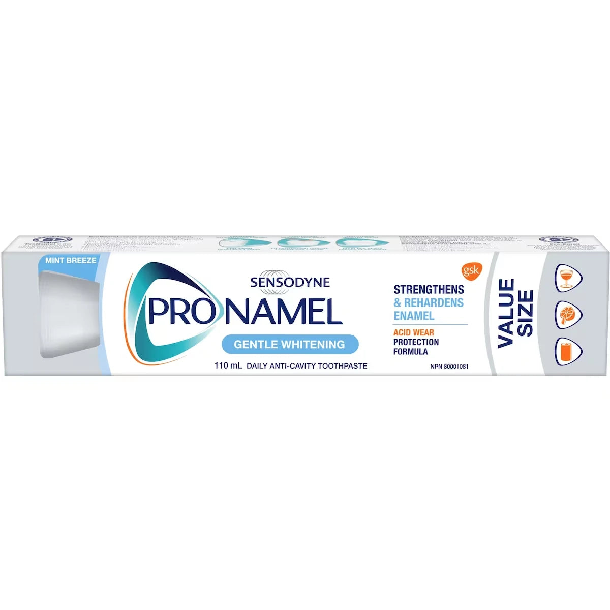 Sensodyne ProNamel Gentle Whitening Enamel Care Toothpaste, Mint Breeze, 110 mL Value Size product package