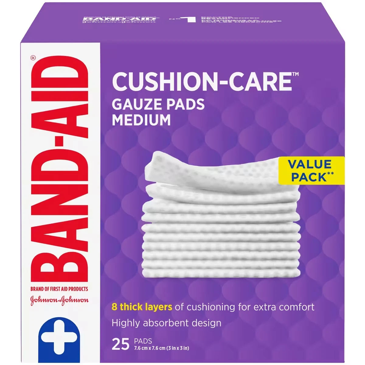 Band-Aid CUSHION-CARE Medium Gauze Pads, 3 Inches by 3 Inches Value Pack front package
