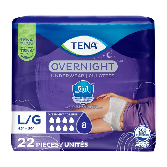 Tena Incontinence Underwear for Women, Bladder Leakage, Overnight Absorbency, Large, 22 Count product package