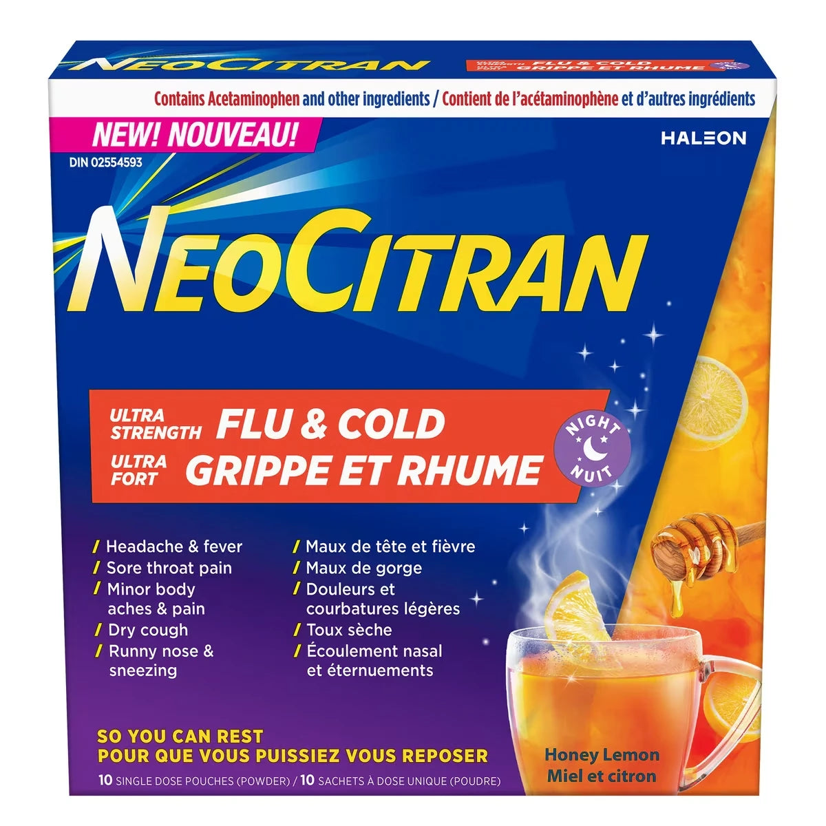 Neo Citran Ultra Strength Flu & Cold Night, Honey Lemon front package