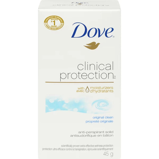 Dove Clinical Protection Antiperspirant Solid for sensitive skin Original Clean antibacterial odour protection 45 g front package