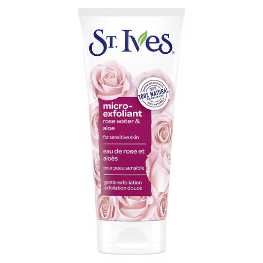 St. Ives Gentle Smoothing Scrub for smooth skin Rose Water & Aloe Vera with 100% Natural Exfoliants product package
