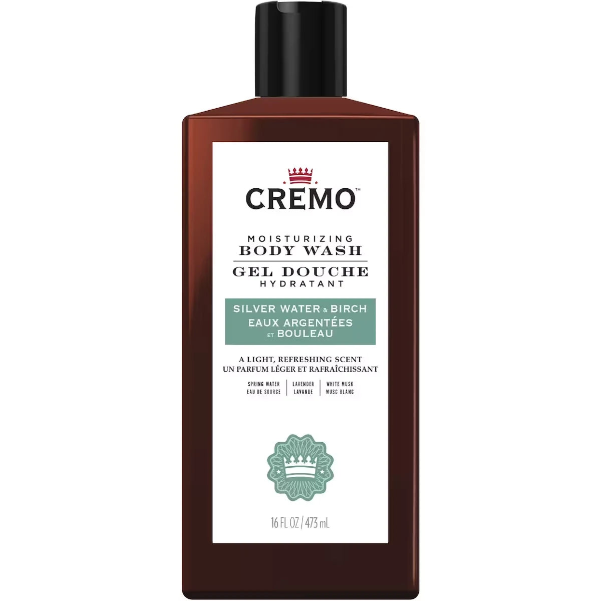 Cremo Silver Water & Birch Revitalizing Body Wash for Men, 473 mL front package
