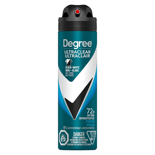 Degree Men Antiperspirant Dry Spray UltraClear Black + White® Fresh antibacterial odour protection 107 GR front package