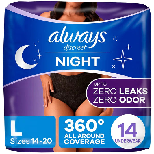 Always Adult Incontinence Overnight Underwear for Women, L, Up to 100% Bladder Leak Protection, 14 CT 14 count front package