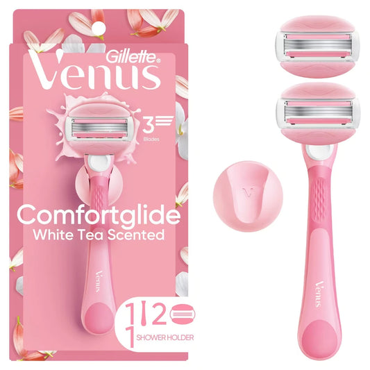 Venus Comfortglide Women's Razor White Tea Scented with Reusable Razor Handle, 2 Razor Blade Refills and Shower Holder front package