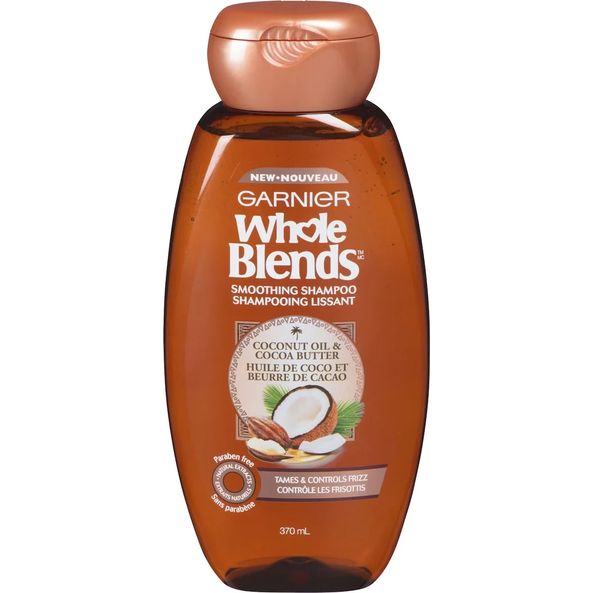 Garnier Whole Blends Shampoo, For Frizzy Hair, Coconut Oil & Cocoa Butter front package