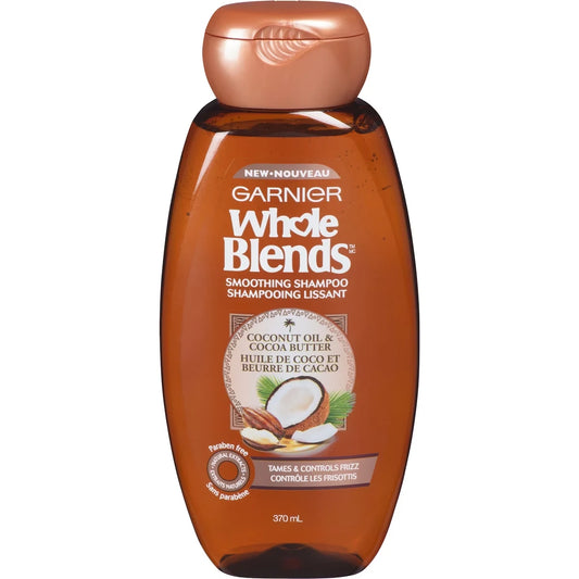 Garnier Whole Blends Shampoo, For Frizzy Hair, Coconut Oil & Cocoa Butter front package