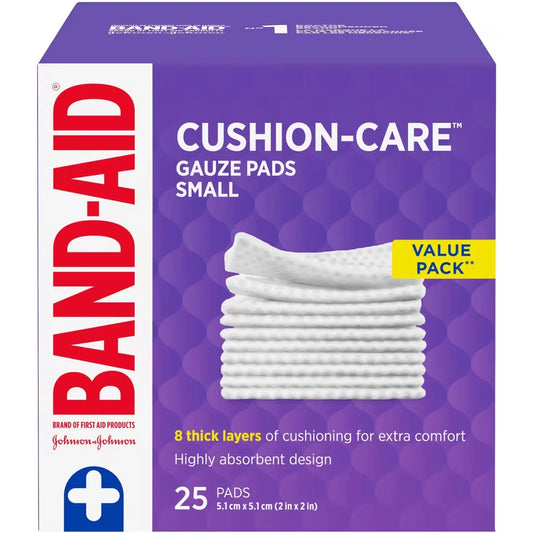 Band-Aid CUSHION-CARE Gauze Pads Small, 2 Inches by 2 Inches, 25 ea front package