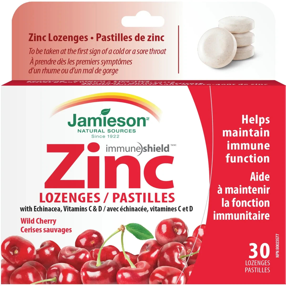 Jamieson Zinc Lozenges with Echinacea, Vitamin C and D - Wild Cherry front package