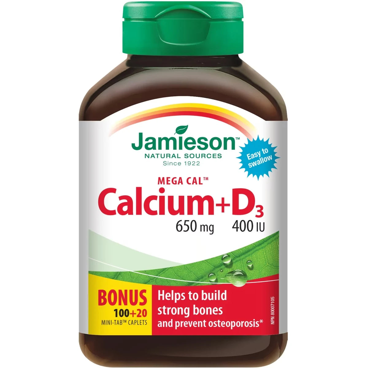 Jamieson Mega Cal Calcium + Vitamin D3 400 IU Caplets, 650 mg front package