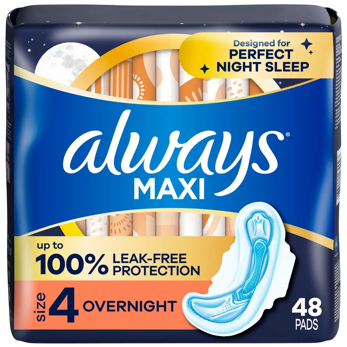 Always Maxi Overnight Pads with Wings for Women, Size 4, Overnight Absorbency, Unscented, 48 Count front package