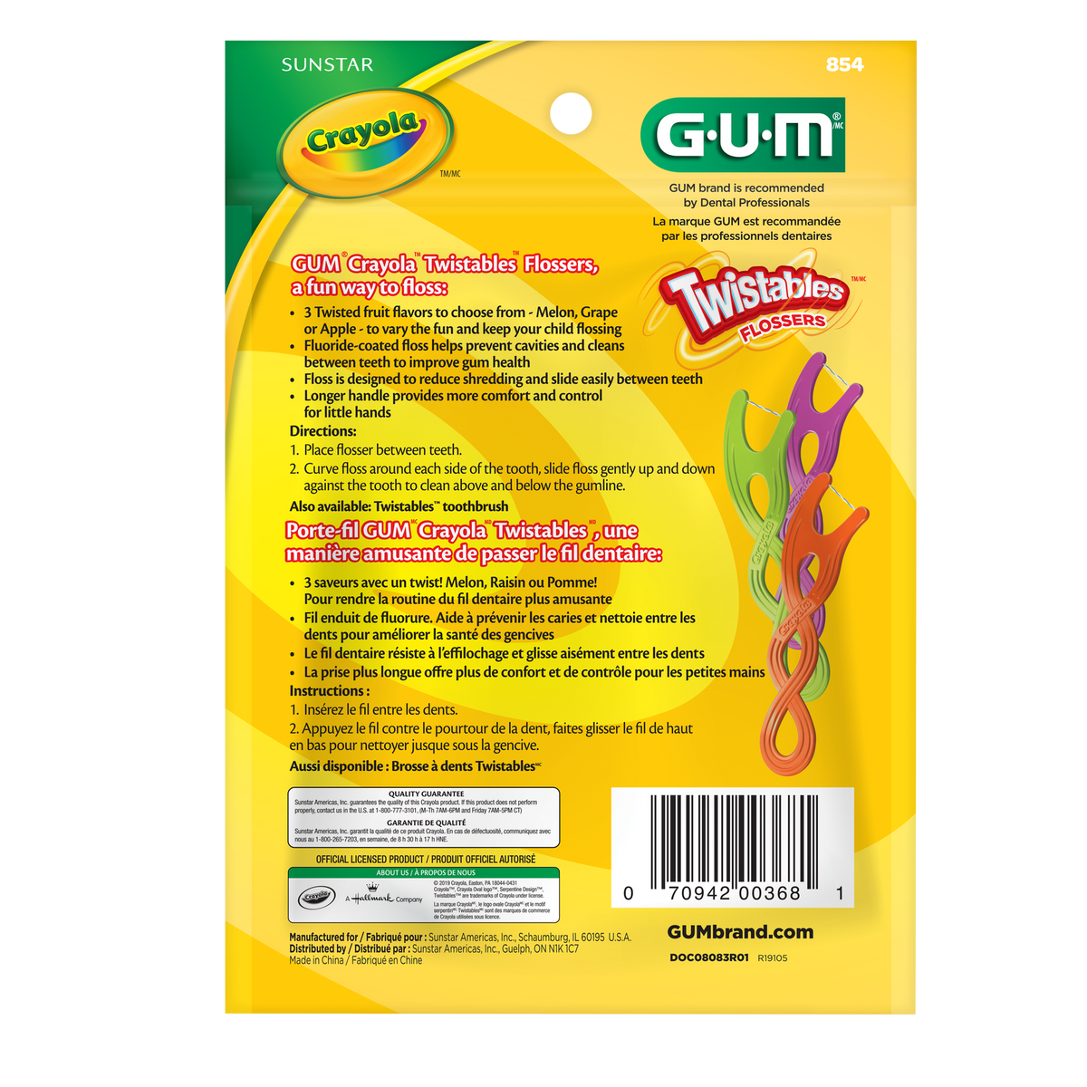 GUM CRAYOLA™ TWISTABLES® Kids' Flossers, Fluoride Coated, Age 3+, 40 ct