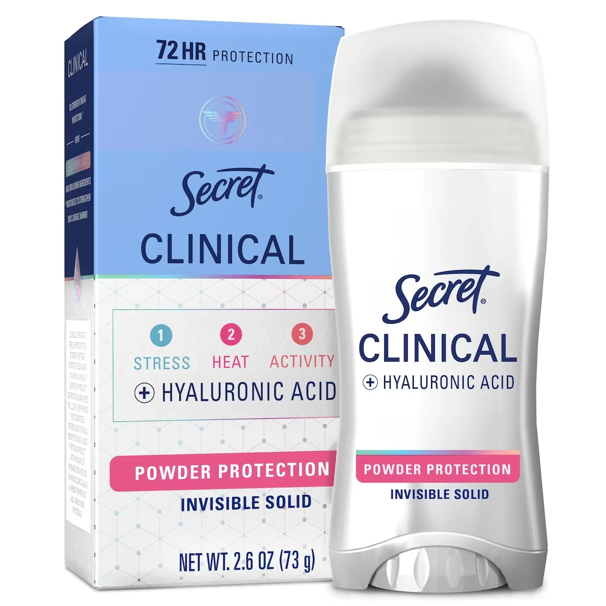 Secret Clinical Strength 72HR Hyaluronic Acid Antiperspirant and Deodorant, Invisible Solid, Completely Clean front package