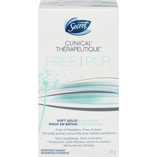 Secret Clinical Antiperspirant and Deodorant Soft Solid, FREE, Sensitive Unscented, 45g front package