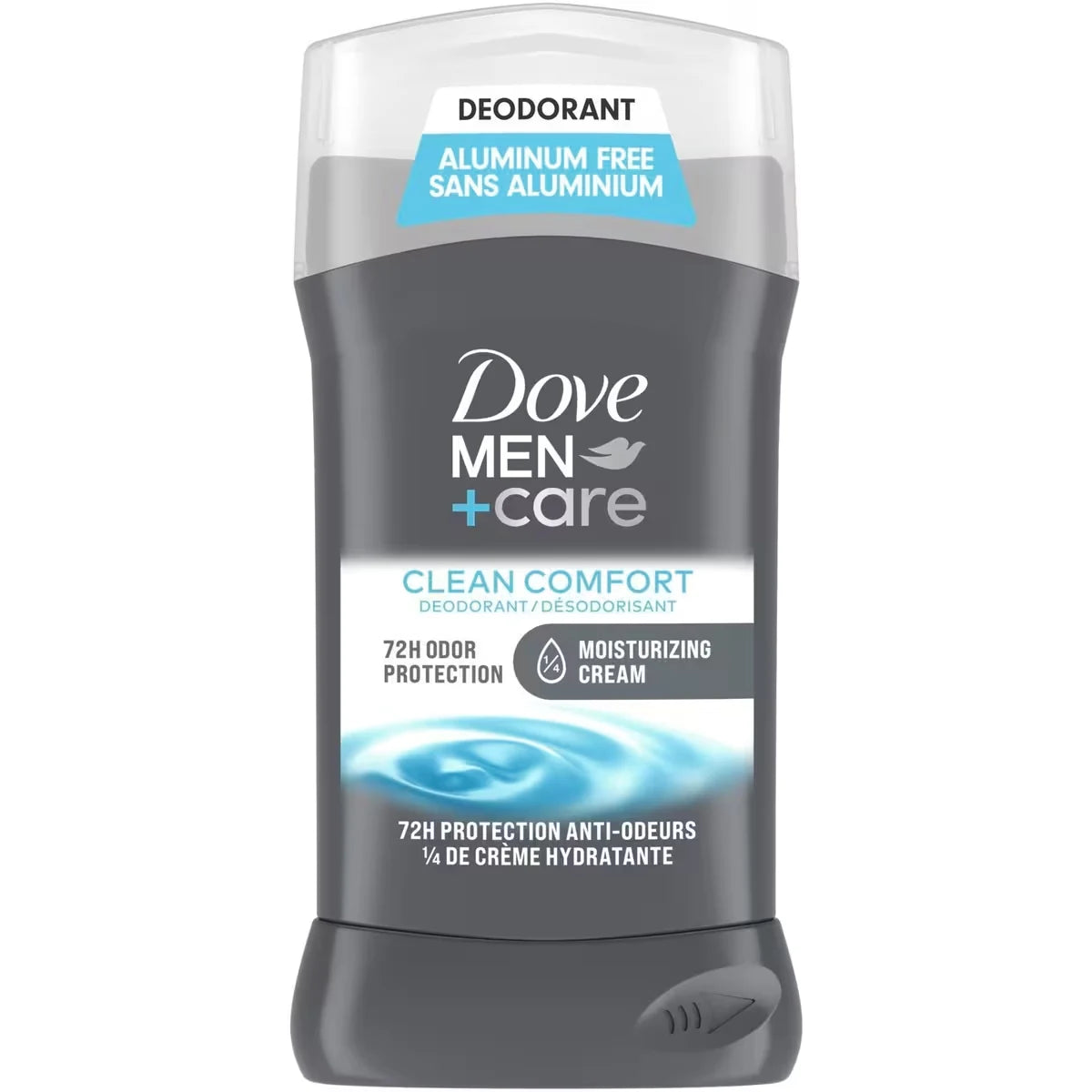 Dove Men+Care Deodorant Stick aluminum-free deodorant formula for 72H protection Clean Comfort with 1⁄4 moisturizing front package