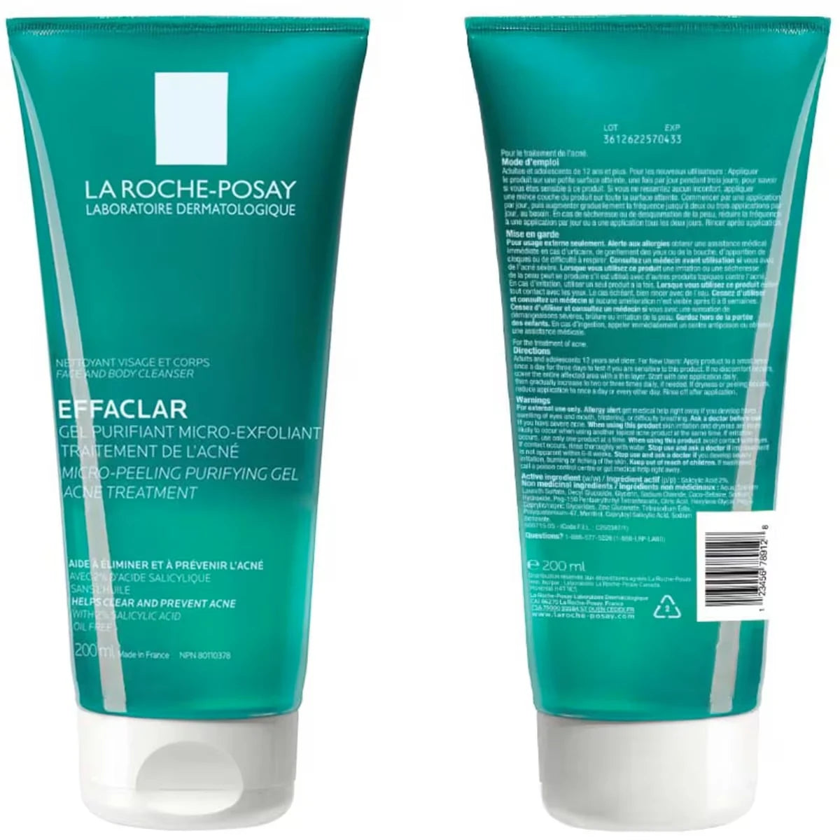 La Roche-Posay Effaclar Micro-Peeling Purifying Gel Face & Body Acne Treatment Cleanser front package