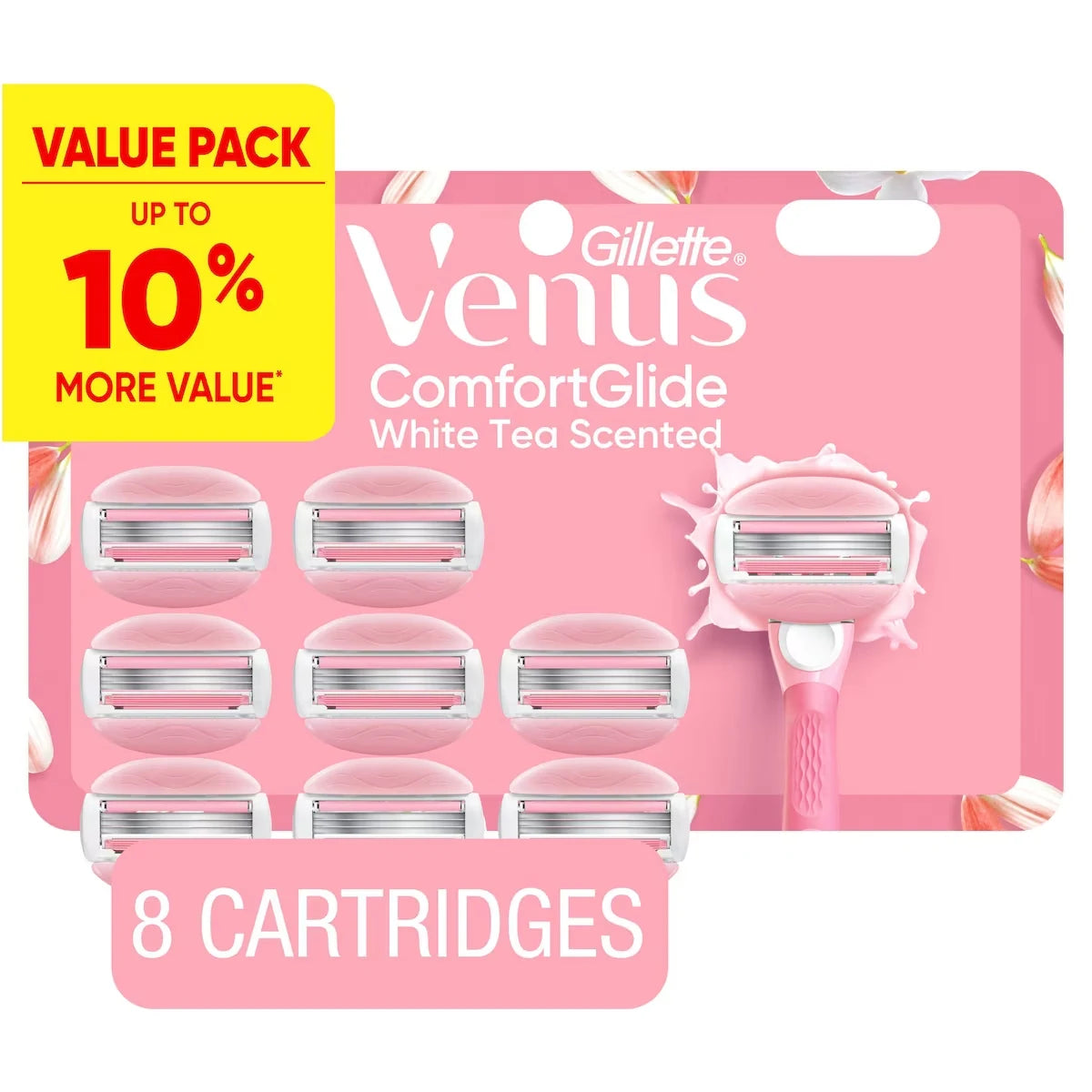 Venus ComfortGlide White Tea Women's Razor Blades, with Built-in Shave Gel Bars, 8 Razor Blade Refills front package