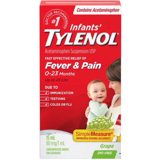 Tylenol Infants' Medicine, Fever & Pain Drops, Dye Free Grape front package