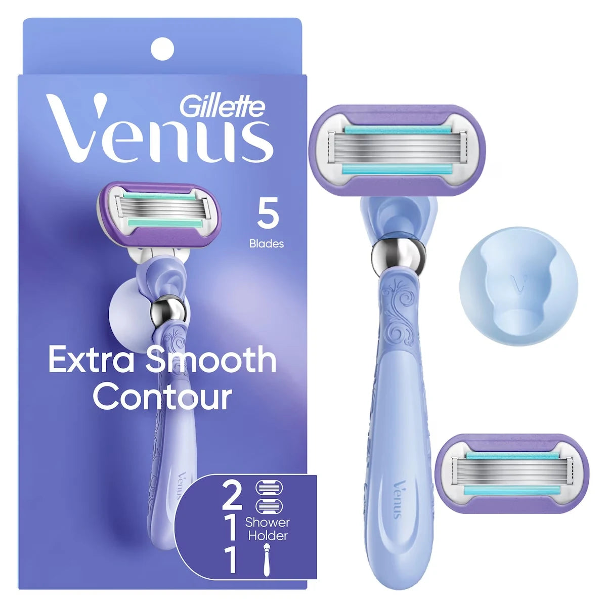 Venus Extra Smooth Contour Women's Razor with Reusable Razor Handle, 2 Razor Blade Refills and Shower Holder front package