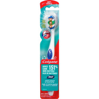 Colgate 360° Toothbrush with Tongue and Cheek Cleaner, Soft front package