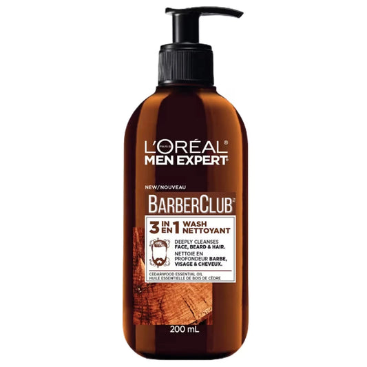 L'Oréal Men Expert Face Wash 3-In-1 cleanser Face, Beard + Hair Wash For Men with Beard Barberclub front package
