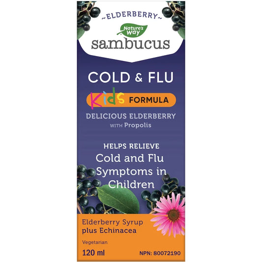 Nature's Way Sambucus Kids Cold and Flu Care, Syrup Berry Flavour, 120 mL product package